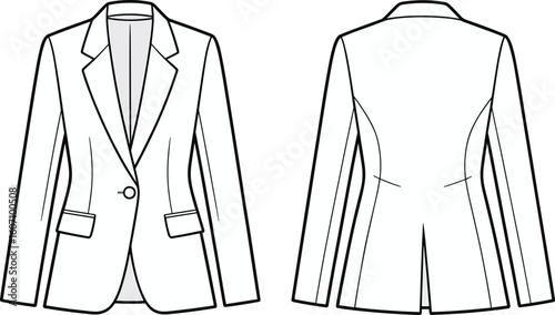 Women’s blazer flat sketch with notch lapel, flap pockets, back vent, princess seams – cad drawing flat vector illustration