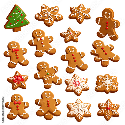Festive collection of gingerbread cookies: smiling men, iced snowflakes, and a decorated Christmas tree.
