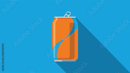 orange soda can with blue swirl design on vibrant blue background, showcasing refreshing beverage concept, minimalist branding, and product appeal
