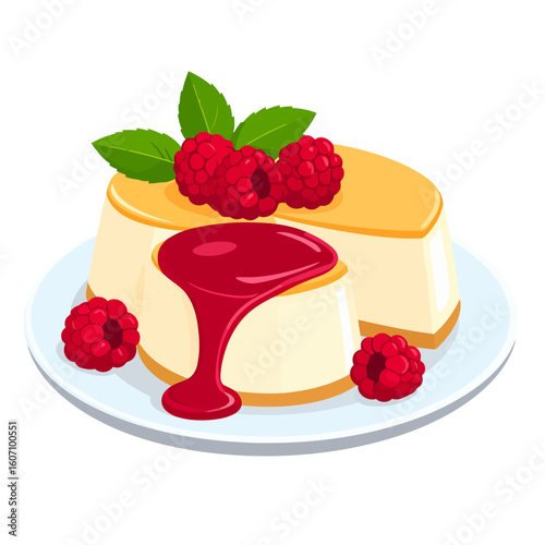 Sliced creamy panna cotta dessert with dripping raspberry coulis, fresh berries, and mint garnish.