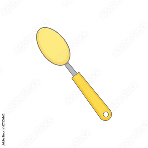 Stylized yellow serving spoon with a grey outline and a hole for hanging.