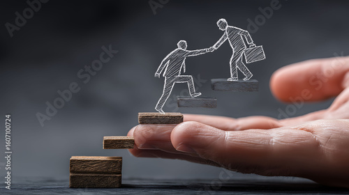 Realistic hand holding chalkboard with businessmen on career steps, one reaching for help, other offering support. Symbolizes mentorship and career progression. Optimistic and encouraging