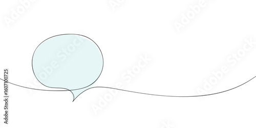 Speech bubble drawn in continuous line style with light blue color fill. Minimalist vector illustration isolated on white background. Communication and message template concept for design and print.