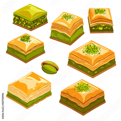 Isometric vector set of traditional baklava pastries with flaky phyllo dough, green pistachio filling, and chopped nut topping.