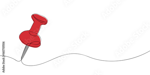 Red push pin drawn in continuous line style on white background. Minimalist contour illustration of office supply for notes, planning or map marking. Stationery design element.