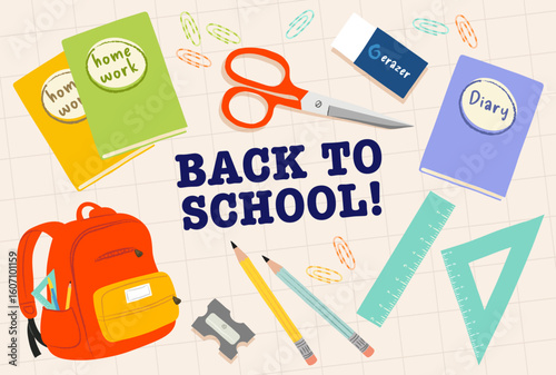 Vector Collection of Back to School Elements – Homework Notebooks, Backpack, Pencils, Eraser, Ruler, Scissors, Paper Clips, Diary, Set Square, and Sharpener