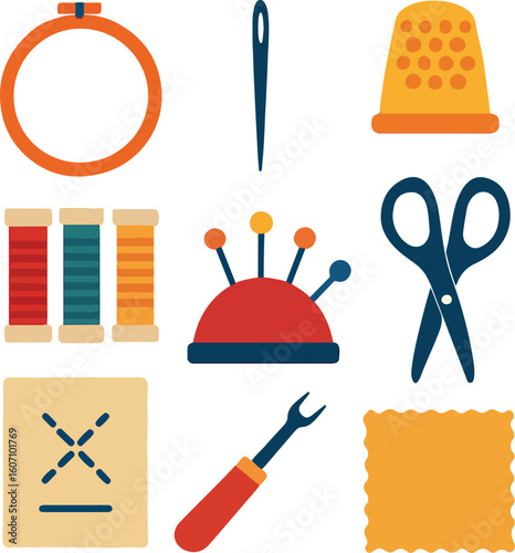 Minimalist vector illustration of 9 essential embroidery and needlework tools in a 3x3 grid layout