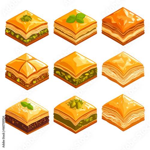 Isometric collection of sweet baklava pastries with layered phyllo, pistachio, and nut fillings. Vector illustration of traditional desserts.