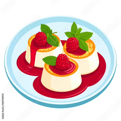 Trio of creamy panna cotta desserts with raspberry coulis and fresh mint garnish.