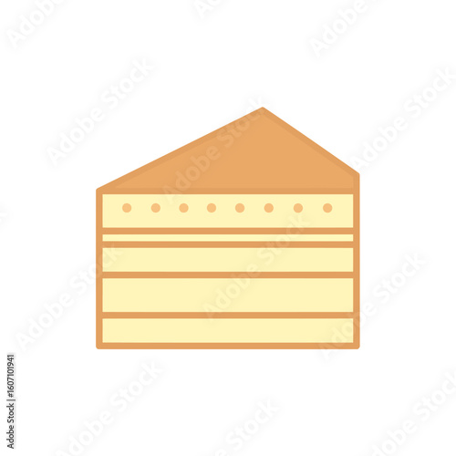 Triangular slice of a multi-layered sponge cake with cream filling, a flat vector icon.