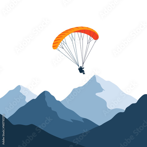 Paraglider soaring above snow-capped mountains in a tranquil landscape.