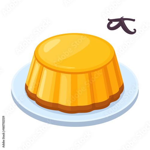 Golden yellow cr?me caramel pudding with a fluted shape and vanilla bean accent.