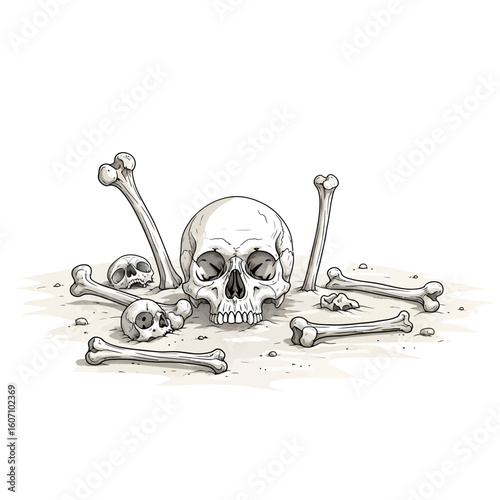 A human skull rests amidst scattered bones in the earth, a monochrome illustration evoking themes of mortality and decay.