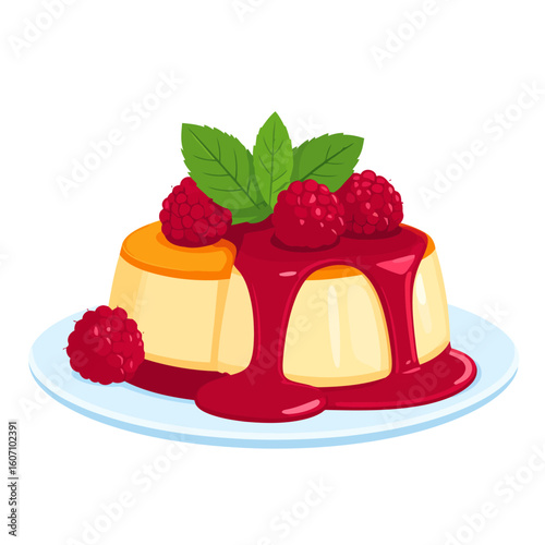 Delicious custard pudding with dripping raspberry sauce, fresh berries, and a mint sprig.