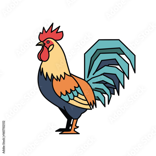 A stylized illustration of a rooster with vibrant colors and geometric shapes, standing on a white background.