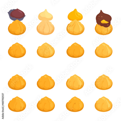 Illustrated set of cartoon cream puffs and profiteroles with various sweet chocolate and custard toppings.