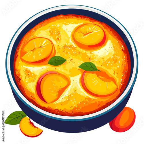 Stylized vector illustration of a freshly baked peach cobbler in a blue dish, garnished with fresh mint leaves.