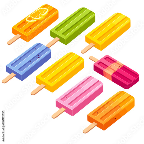 Vibrant collection of assorted fruit popsicles in a glossy isometric style. Colorful rectangular ice lollies with lemon slices.