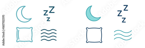 Illustrations of sleep-related symbols including moon, pillow, and zzz for relaxation and bedtime themes