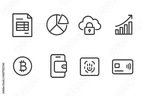 Graphical representation of financial technology concepts with charts, cloud security, and cryptocurrency elements