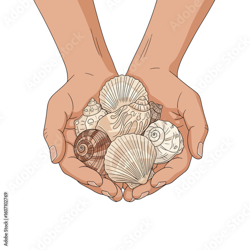 Two hands holding a collection of diverse seashells, showcasing a variety of shapes and colors.