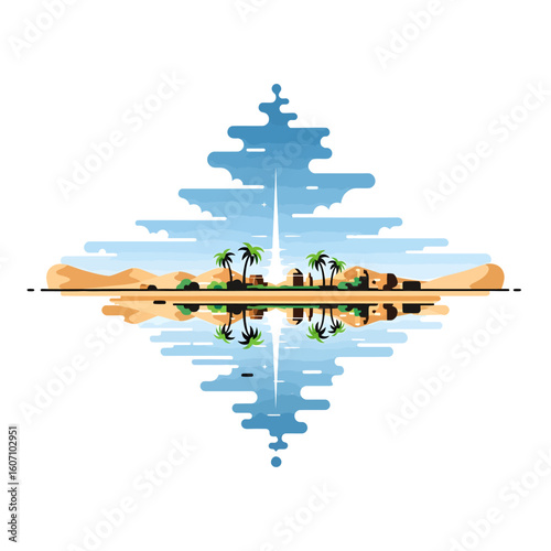 Symmetrical desert landscape with palm trees and buildings reflected in water, beneath a stylized sky.