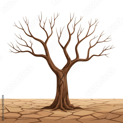 A cartoon illustration of a cracked, dry earth with a bare tree.