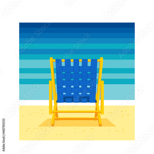 A blue and yellow beach chair sits on the sand, facing the ocean with a striped blue background.