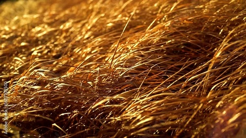 Golden grass moving under wind in slow motion at sunrise