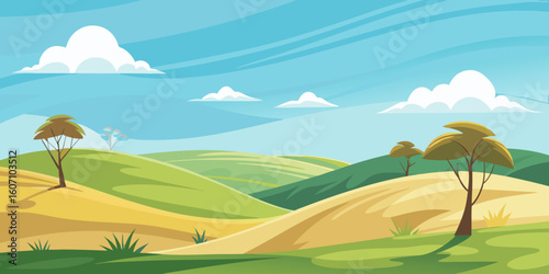 Scenic rolling hills landscape illustration with cartoon trees and vibrant sky for peaceful storybook illustration