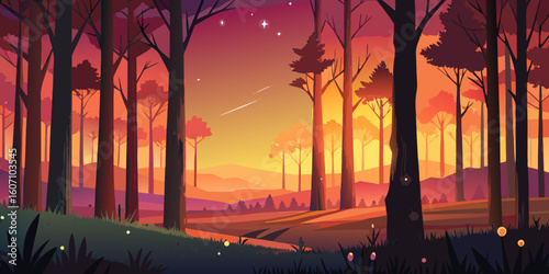 Enchanting forest landscape at sunset with radiant colors, a shooting star adding magic to the scene