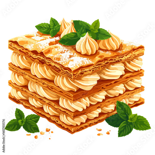 Delicious layered Mille-feuille pastry with vanilla cream, powdered sugar, and fresh mint garnish.