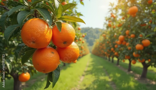 Close up of ripe oranges hanging on a tree in an orchard with rows of trees in the background