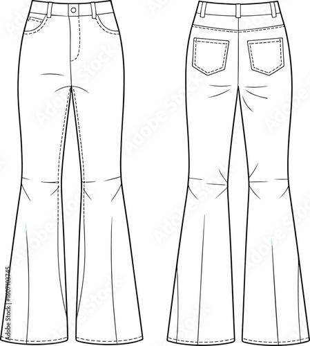 Women’s flared jeans fashion flat sketch with back patch pockets, front whiskers, and detailed topstitching – vector CAD drawing