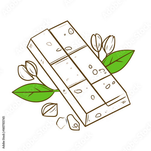 A segmented bar of pistachio nougat with nuts and green leaves in a clean outline style.