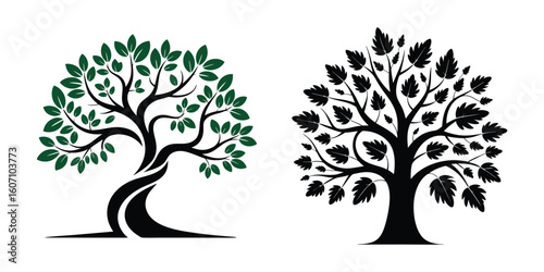 Nature and Ecology Icons with Green and Black Trees
