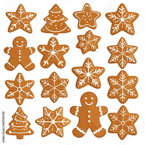 Festive collection of gingerbread cookies with white icing, featuring star, tree, and gingerbread man shapes.