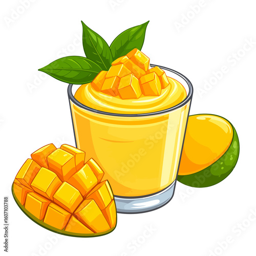 Fresh mango smoothie in a glass, garnished with diced mango cubes and green leaves, next to a whole and sliced mango.