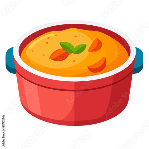Red casserole pot filled with creamy orange vegetable soup, garnished with fresh herbs.
