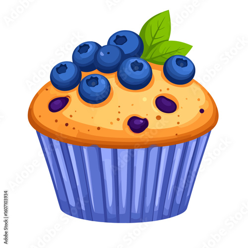 Illustrated blueberry muffin in a blue paper liner, topped with fresh berries and a mint leaf.
