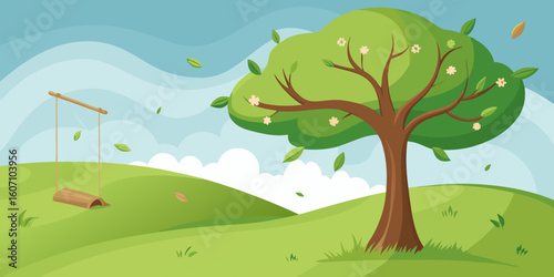 Whimsical spring landscape with blossoming tree and wooden swing, perfect for children's illustrations and designs