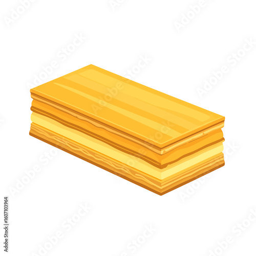 Golden layered puff pastry slice with creamy custard filling, a classic mille-feuille dessert illustration.