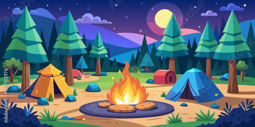 Cartoon campfire scene with tents under starry sky and moonlit trees perfect for family camping adventures