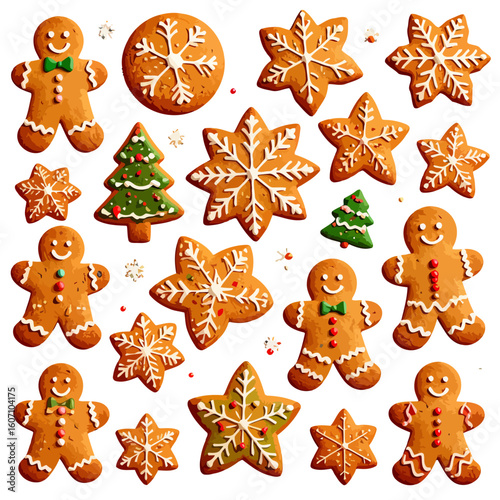 A festive assortment of decorated gingerbread cookies, including smiling men, snowflakes, stars, and Christmas trees with colorful icing.