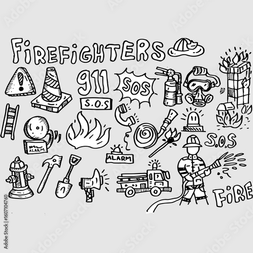 Firefighters doodle vector and illustration