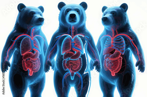Three Transparent Bears Showing Glowing Internal Organs with Blue and Red Light