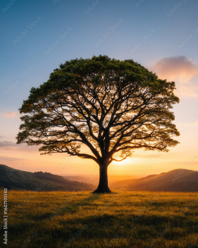 Fototapeta premium Majestic oak tree standing alone in sunlit meadow, golden sunset sky, peaceful landscape, tranquil, nature beauty