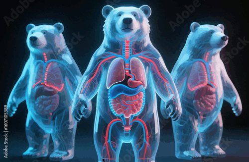 Three Transparent Bears Showing Glowing Internal Organs with Blue and Red Light