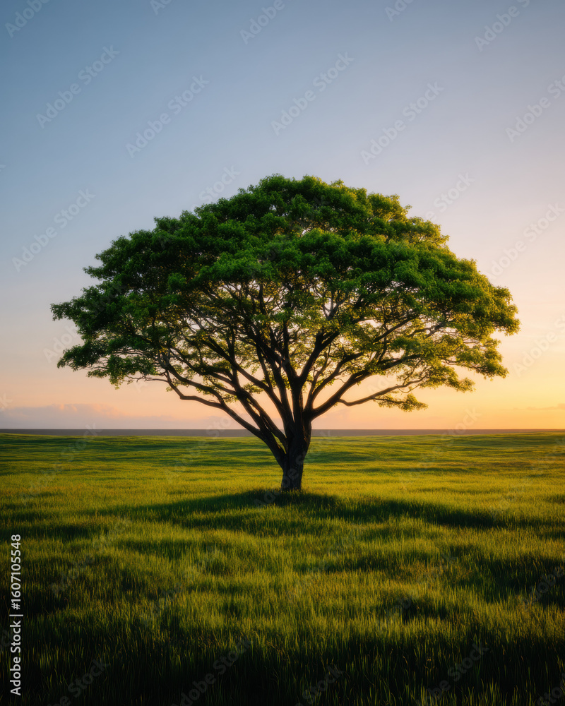 Fototapeta premium Beautiful big tree alone in vast open field, lush green grass, serene sunset, peaceful atmosphere, nature landscape, tranquil scene
