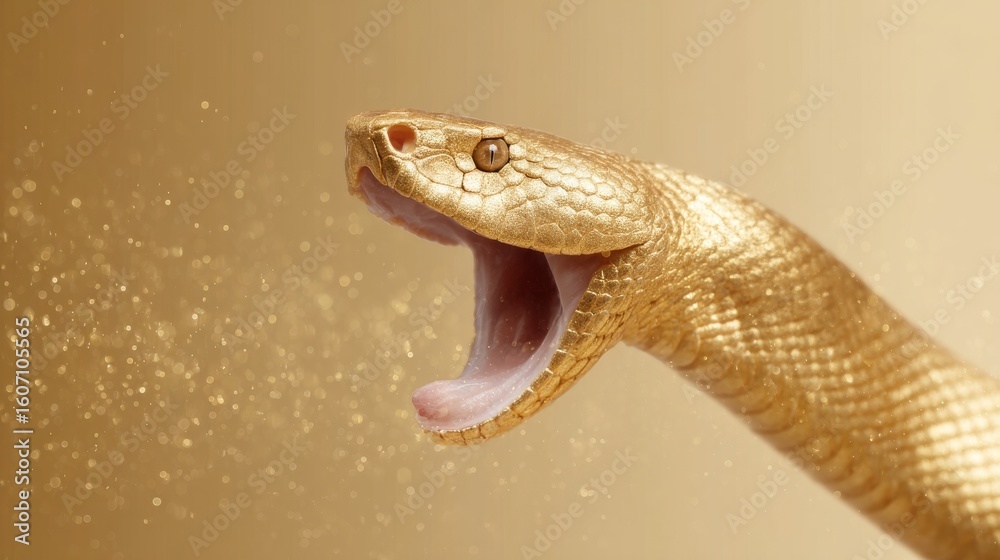 Fototapeta premium A stunning golden snake raises its head. It captures attention with its elegant design and shimmering scales. This image embodies allure and beauty in nature. AI